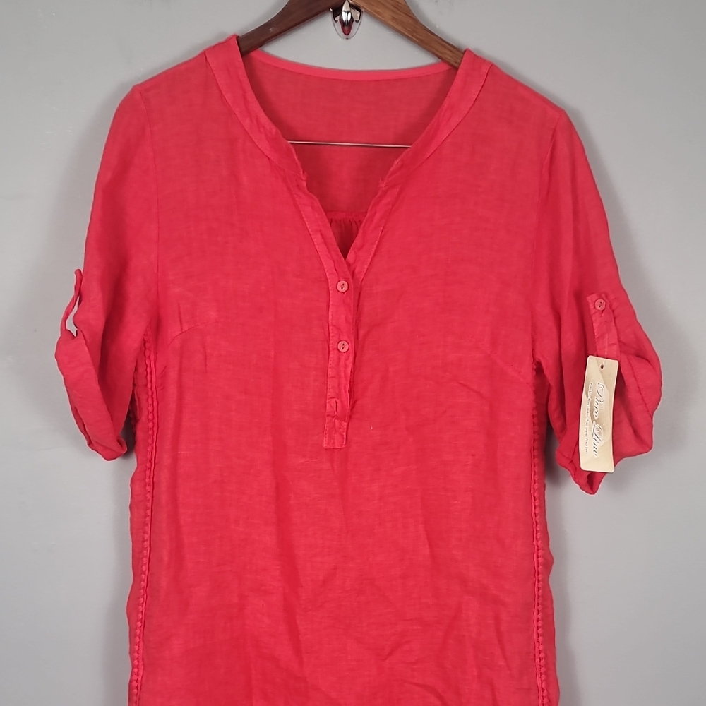 Bohemian Linen Orange Red 3/4 Sleeve Button Mandarin Collar Dress